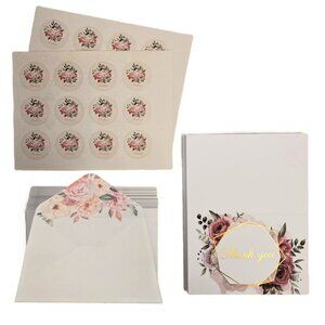24 Thank You Cards Bulk Set w/ Envelopes & Stickers Blank Floral Pack Stationary